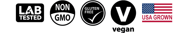 Product Seals - Gluten Free, Non-GMO, Vegan, Lab Tested, USA Grown